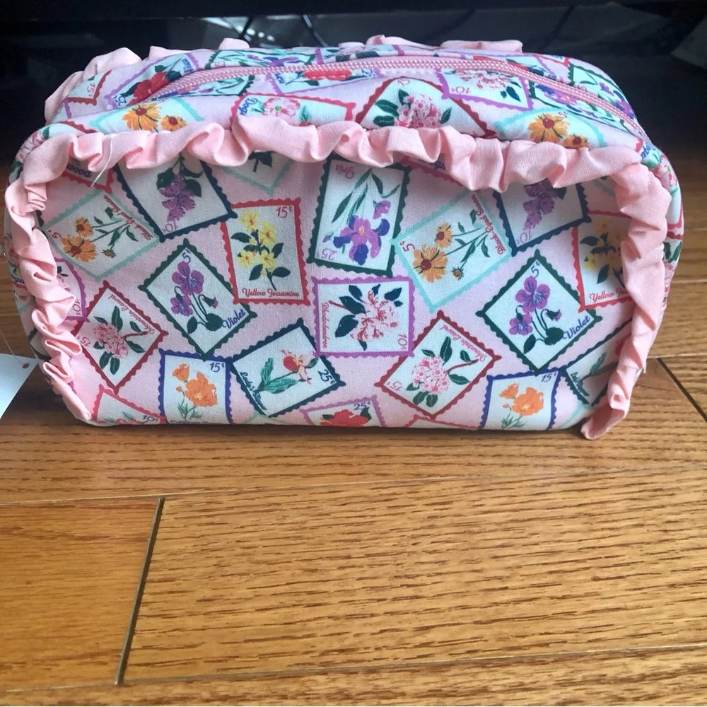 Lancome Pink Floral Stamp Ruffle Coated Canvas like Pouch Cosmetic Bag NWT